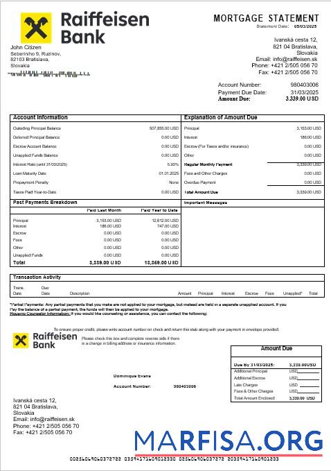 Blank Slovakia Raiffeisen bank mortgage statement in Word and PDF formats template